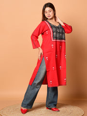 Red & Multi pure cotton Kantha work  Kurti