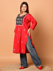 Red & Multi pure cotton Kantha work  Kurti