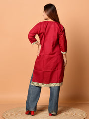 Maroon & White pure cotton Kantha work  Kurti