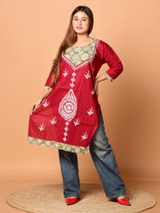 Maroon & White pure cotton Kantha work  Kurti