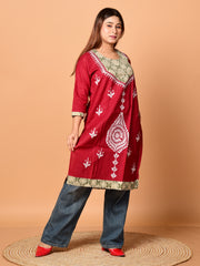 Maroon & White pure cotton Kantha work  Kurti