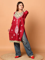 Maroon & White pure cotton Kantha work  Kurti