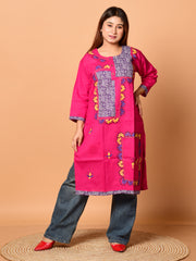 Pink & Multi pure cotton Kantha work  Kurti