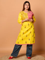 Yellow & Multi pure cotton Kantha work  Kurti