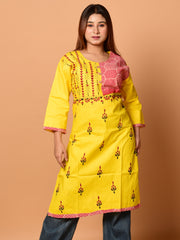 Yellow & Multi pure cotton Kantha work  Kurti