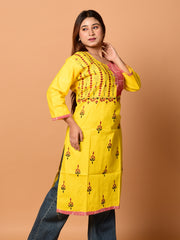 Yellow & Multi pure cotton Kantha work  Kurti
