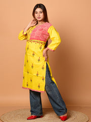 Yellow & Multi pure cotton Kantha work  Kurti
