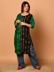 Green & Black pure cotton batik kantha work kurti