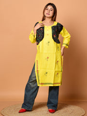 Yellow & Black pure cotton Kantha work  Kurti