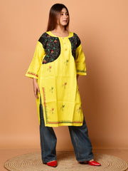 Yellow & Black pure cotton Kantha work  Kurti