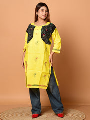 Yellow & Black pure cotton Kantha work  Kurti