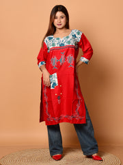 Red & Multi pure cotton Kantha work  Kurti