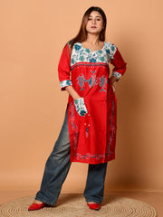 Red & Multi pure cotton Kantha work  Kurti