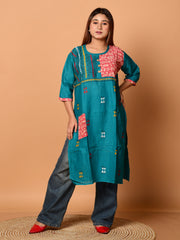 Green & Pink pure cotton Kantha work  Kurti