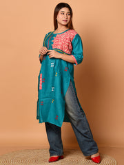 Green & Pink pure cotton Kantha work  Kurti