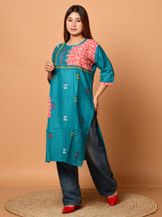 Green & Pink pure cotton Kantha work  Kurti