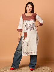 Off White & Brown pure cotton Kantha work  Kurti