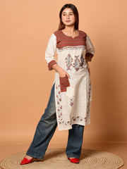 Off White & Brown pure cotton Kantha work  Kurti
