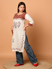 Off White & Brown pure cotton Kantha work  Kurti