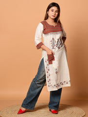 Off White & Brown pure cotton Kantha work  Kurti