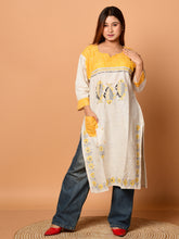 Off White & Yellow pure cotton Kantha work  Kurti