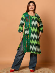 Green & Multi pure cotton Kantha work  Kurti