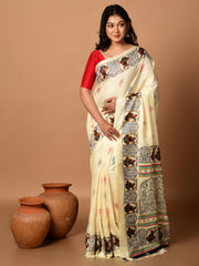 Laa Calcutta Off White & Multi printed semi pure silk saree