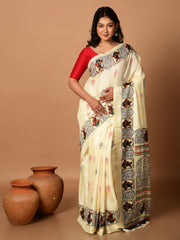 Laa Calcutta Off White & Multi printed semi pure silk saree