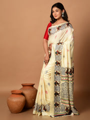 Laa Calcutta Off White & Multi printed semi pure silk saree