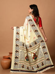 Laa Calcutta Off White & Multi printed semi pure silk saree