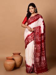 Laa Calcutta Off white & Red batiq linen saree