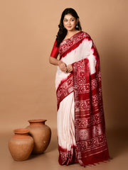 Laa Calcutta Off white & Red batiq linen saree
