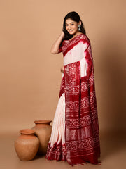 Laa Calcutta Off white & Red batiq linen saree