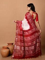 Laa Calcutta Off white & Red batiq linen saree