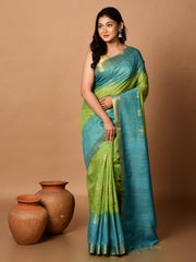 Laa Calcutta Green & Sky Blue tussar sequence silk saree