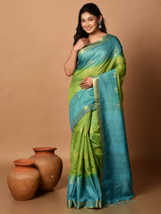 Laa Calcutta Green & Sky Blue tussar sequence silk saree