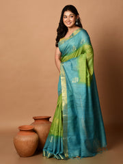 Laa Calcutta Green & Sky Blue tussar sequence silk saree