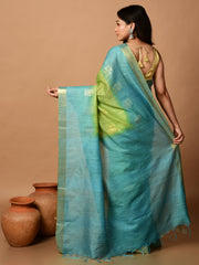 Laa Calcutta Green & Sky Blue tussar sequence silk saree
