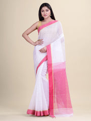 White & Pink cotton  Handloom  saree
