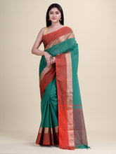 Laa Calcutta Green & Red pure cotton solid handloom saree