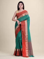 Laa Calcutta Green & Red pure cotton solid handloom saree