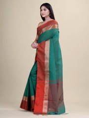Laa Calcutta Green & Red pure cotton solid handloom saree