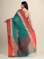 Laa Calcutta Green & Red pure cotton solid handloom saree