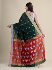 Green & Red Cotton Jamdani Saree