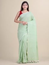 Pasta Green & White Cotton Handloom Saree