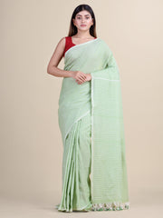 Pasta Green & White Cotton Handloom Saree