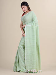 Pasta Green & White Cotton Handloom Saree