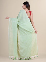 Pasta Green & White Cotton Handloom Saree