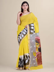 Yellow & Multi Cotton Hand painted Saree