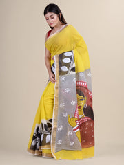 Yellow & Multi Cotton Hand painted Saree